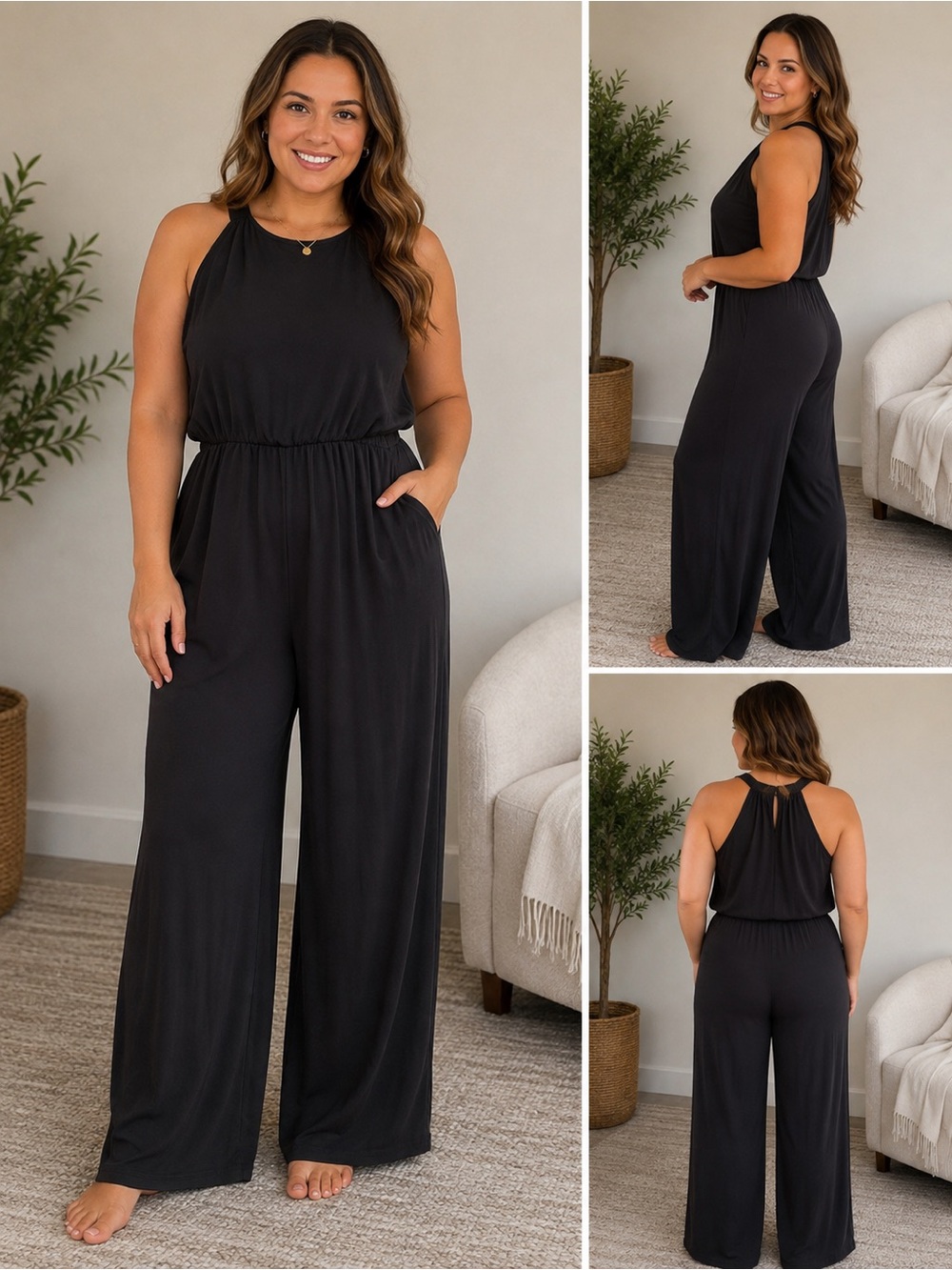 Serra Women’s Black Sleeveless Wide Leg Jumpsuit Palazzo Stretch Size Large 12-1